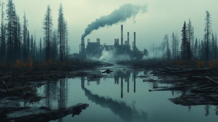A factory surrounded by dead trees and polluted air, visualizing the industrial impact on nature., photorealistic