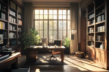 Sunlit Home Office with Bookshelves
