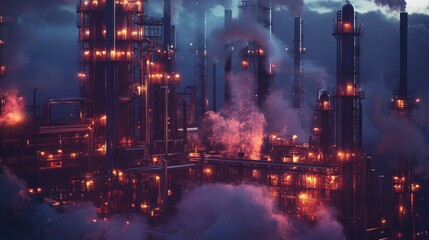 Fototapeta premium A striking industrial scene featuring a dark, smoky oil refinery illuminated by glowing lights amidst the clouds.