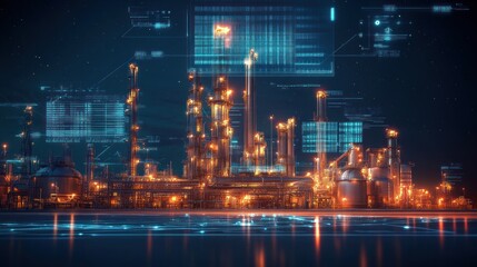 Obraz premium A futuristic oil refinery illuminated at night, featuring advanced technology and digital interfaces.