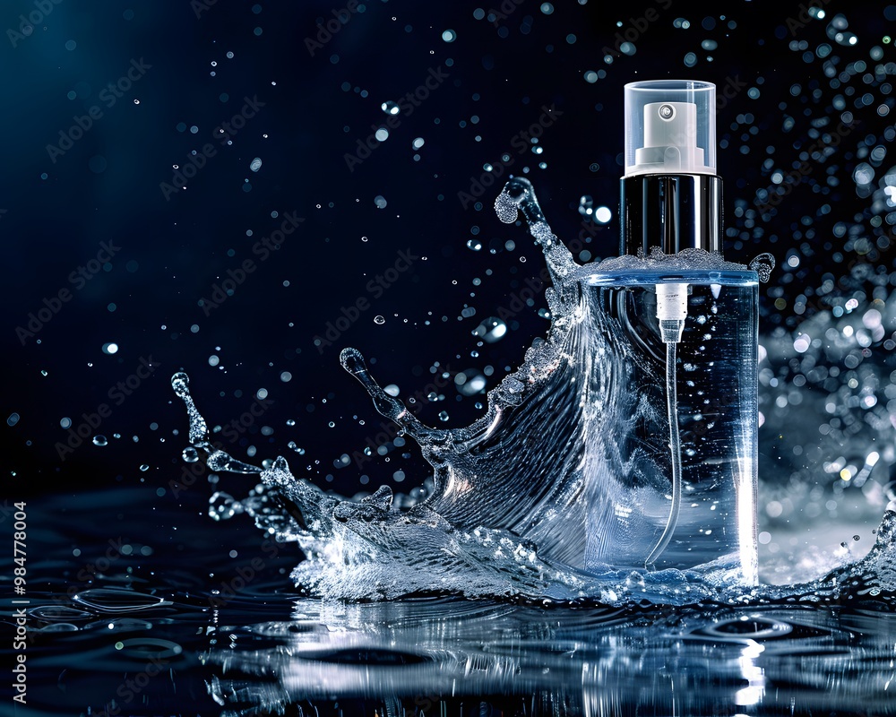 Poster a refreshing water spray creates dynamic splashes, showcasing a clear bottle against a dark backgrou