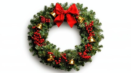 A festive Christmas wreath adorned with a red bow, berries, and decorative bells, perfect for holiday décor.