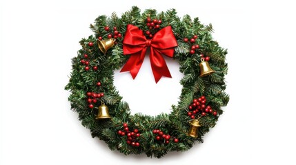 A festive Christmas wreath adorned with red berries, golden bells, and a bright red bow, symbolizing holiday cheer.