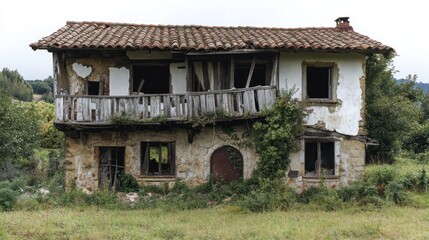 An abandoned rustic house, showcasing weathered stones and overgrown vegetation, evoking a sense of nostalgia.