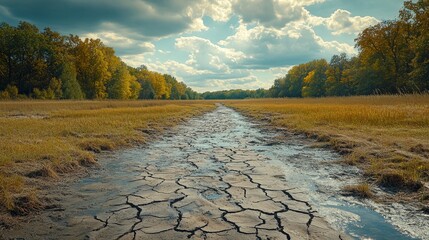 A cracked, dried riverbed with once thriving ecosystems reduced to desolation, symbolizing the environmental cost of water mismanagement, photorealistic