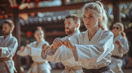 Fototapeta premium Young woman in white kimono practicing taekwondo, karate, jiujitsu or judo in group training. The concept of self-defense. Generative ai