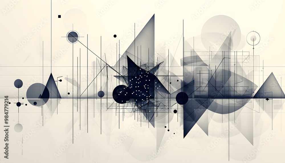 Poster abstract geometric design featuring a blend of shapes and lines in a monochromatic color palette, cr