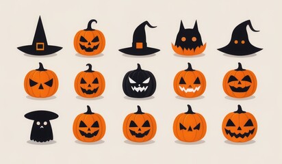 set of simple halloween icon, flat icons featuring classic Halloween symbols like a pumpkin, ghost, bat, witch hat, black cat, and spider. set of halloween icons