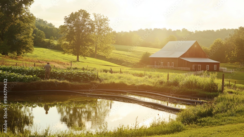 Sticker red barn and pond on a farm