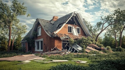 A damaged brick house with a collapsed roof and overgrown greenery, set against a cloudy sky.