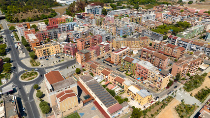 Aerial view of the Tamburi district in the outskirts of Taranto, Puglia, Italy.
