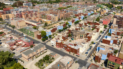 Aerial view of the Tamburi district in the outskirts of Taranto, Puglia, Italy.