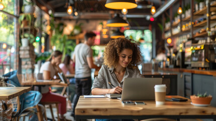 Young woman sitting in a cafe working on a laptop. Handsome freelancers working on laptop in modern cafe. Generative ai.
