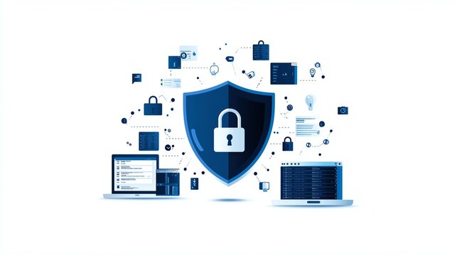 Digital security concept with a blue shield and padlock surrounded by cybersecurity icons and devices, representing data protection and safety.