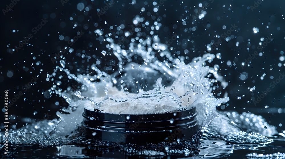 Poster dynamic splash of water around a black container, creating an artistic effect. perfect for themes of