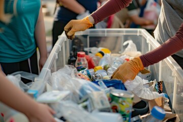 Volunteers sorting recyclable materials at community cleanup event.