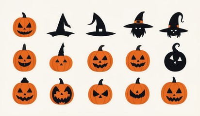 set of simple halloween icon, flat icons featuring classic Halloween symbols like a pumpkin, ghost, bat, witch hat, black cat, and spider. set of halloween icons