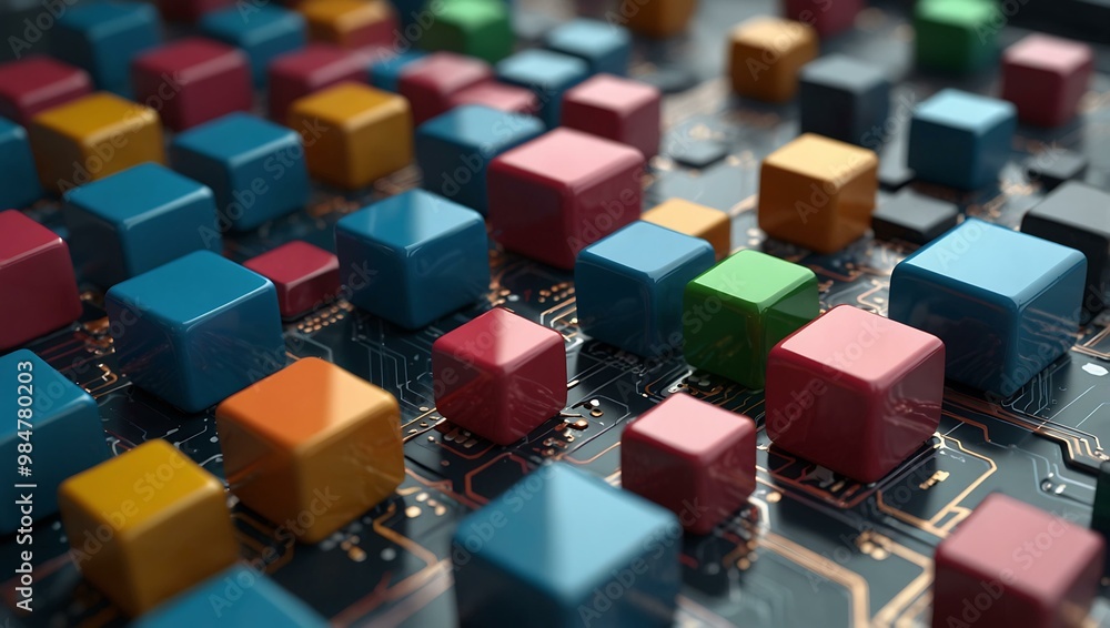 Poster abstract 3d render of colored cubes on a circuit board.