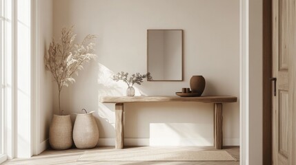 An entryway with a minimalist design, featuring a simple console table, a few decorative items, and a neutral color scheme for a welcoming look