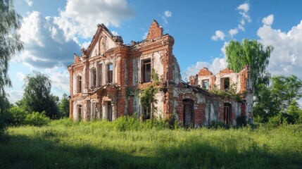 Fototapeta premium An abandoned, crumbling brick manor surrounded by lush greenery under a blue sky with fluffy clouds.