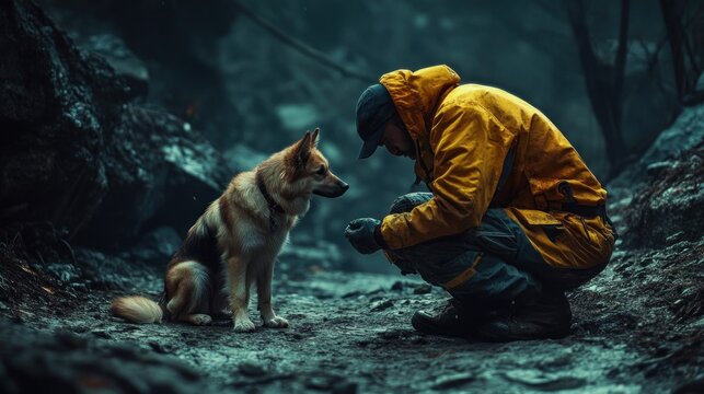 A dedicated man in a yellow jacket interacts with his loyal dog in a misty, forested setting.