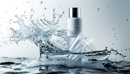 Elegantly designed skincare bottle surrounded by splashes of water, ideal for advertising beauty products in a fresh ambiance.