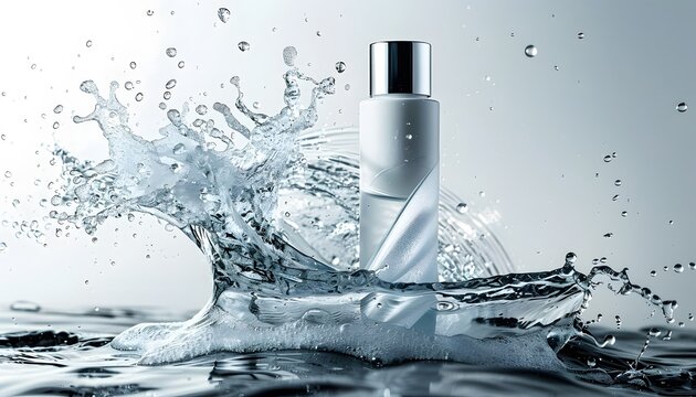 Elegantly designed skincare bottle surrounded by splashes of water, ideal for advertising beauty products in a fresh ambiance.