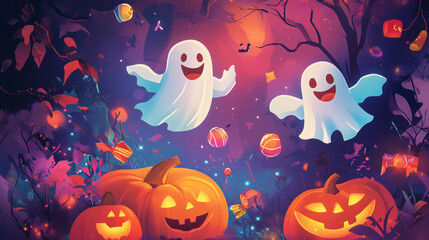 A Halloween greeting card with whimsical ghosts, friendly pumpkins, and colorful candy illustrations.