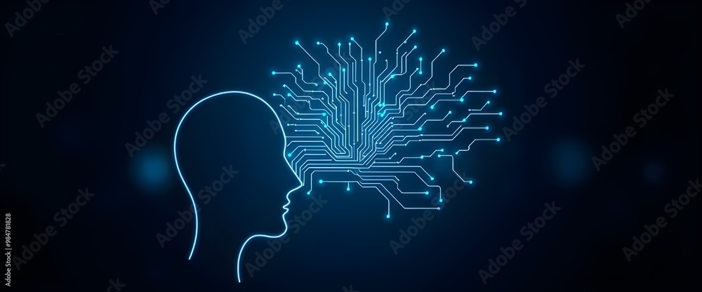 Aufkleber a sleek digital human head outline, connected to a complex network of circuits spreading out like a 