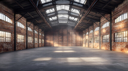 Empty old warehouse interior with brick walls, concrete floor, and a black steel roof structure. Abandoned Warehouse. Illustration