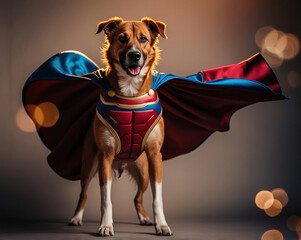 A heroic dog dressed as a superhero stands proudly with a cape, ready to save the day in a colorful studio setting