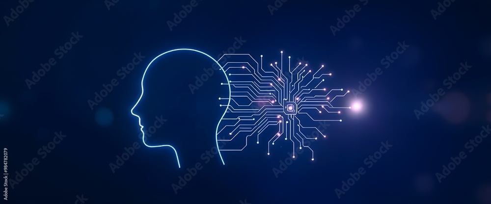 Aufkleber a sleek digital human head outline, connected to a complex network of circuits spreading out like a 