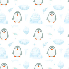 Cute seamless penguin pattern in vector. Cartoon penguins with winter elements of snow, ice floes and igloos. Ideal for fabric, textiles, wallpaper. Vector illustration