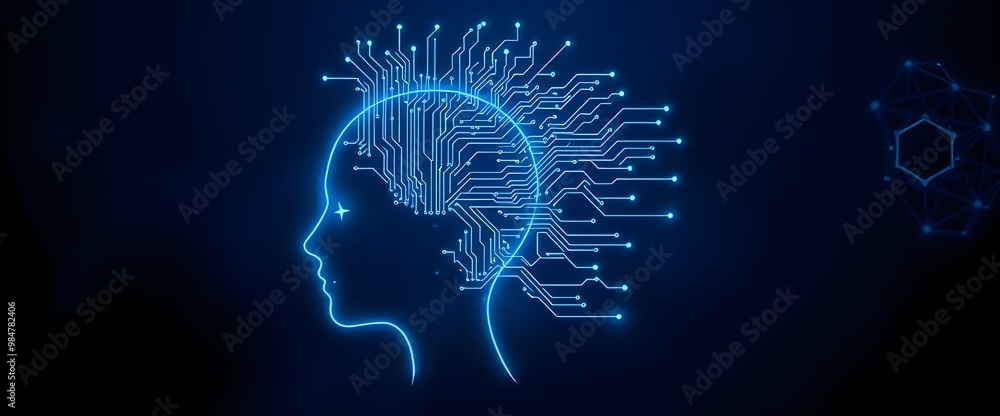 Aufkleber a sleek digital human head outline, connected to a complex network of circuits spreading out like a 