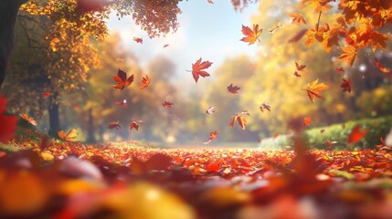 A vibrant autumn scene with swirling orange and red leaves dancing through the air in a serene forest setting.