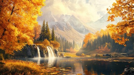 Serene autumn landscape showcasing vibrant orange leaves, majestic mountains, and a tranquil waterfall.