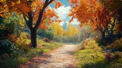 A vibrant autumn landscape showcasing a winding path surrounded by colorful trees and fallen leaves.