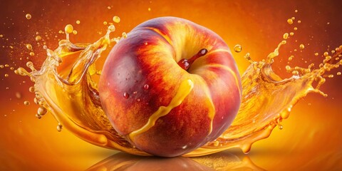 Summery Freshness Vibrant Peach with Splash of Juice on Orange Background - Close-up of Juicy Fruit, Perfect for Healthy Lifestyle and Food Concepts