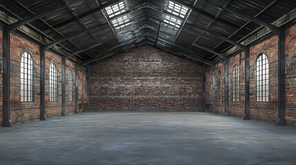Empty old warehouse interior with brick walls, concrete floor, and a black steel roof structure. Abandoned Warehouse. Illustration
