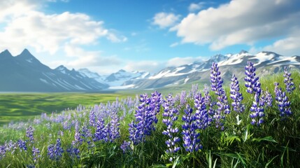 Obraz premium Vibrant field of purple lupine flowers under a clear blue sky, with majestic snow-capped mountains in the background.