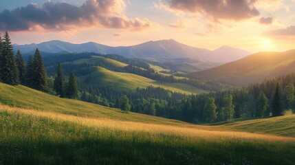 Fototapeta premium Stunning sunrise over rolling green hills, framed by towering evergreen trees and majestic mountain peaks in the distance.