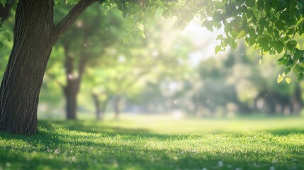 A tranquil green park scene with vibrant sunlight filtering through lush leaves, creating a serene atmosphere.