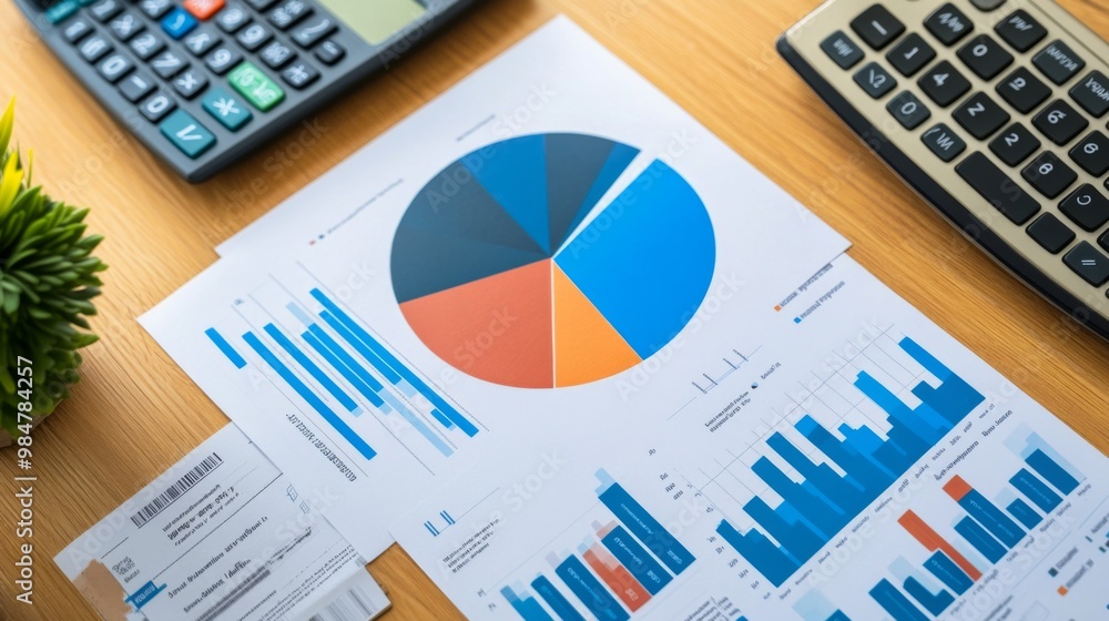 Poster An overhead view of a desk with printed financial reports featuring pie charts and graphs, accompanied by a calculator and financial documents
