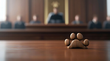 A courtroom with a large paw print behind the judge’s bench, representing pet protection laws.