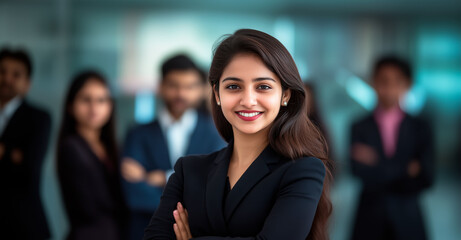 A confident businesswoman in formal attire standing in front of a diverse team, showcasing leadership and corporate success.
