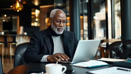 A senior businessman wearing glasses works on a laptop in a stylish, modern office setting, reflecting professionalism and focus.
