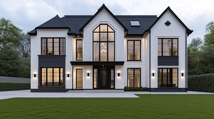 This stunning modern farmhouse showcases a beautiful open-plan layout with a kitchen, dining area, and living room, flooded with natural light at dusk