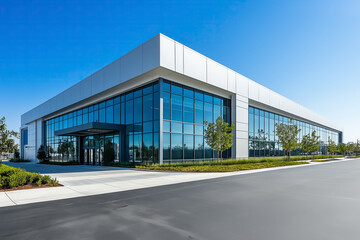 Fototapeta premium Modern Commercial Office Building with Glass Facade on a Clear Day