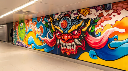 Colorful graffiti mural of a japanese demon in a subway station. Yokai. Illustration
