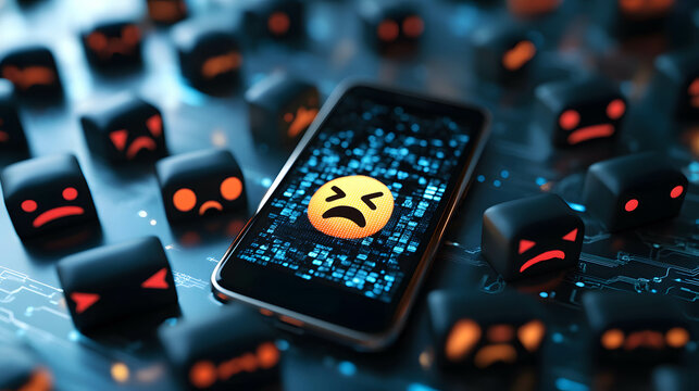 Smartphone in the center of the image, surrounded by angry faces, represents the hate speech on social media.